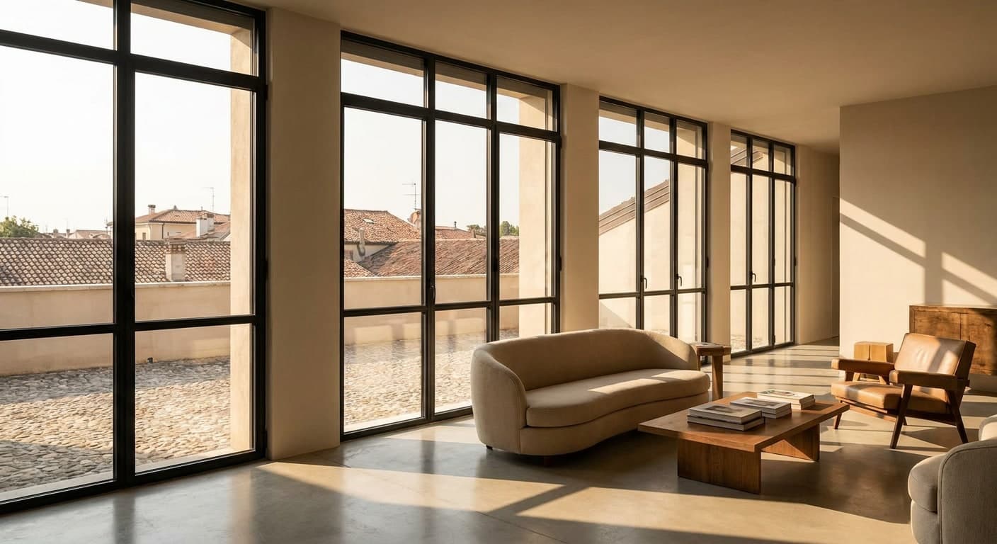 Loft con vetrata a tutta altezza, telaio nero