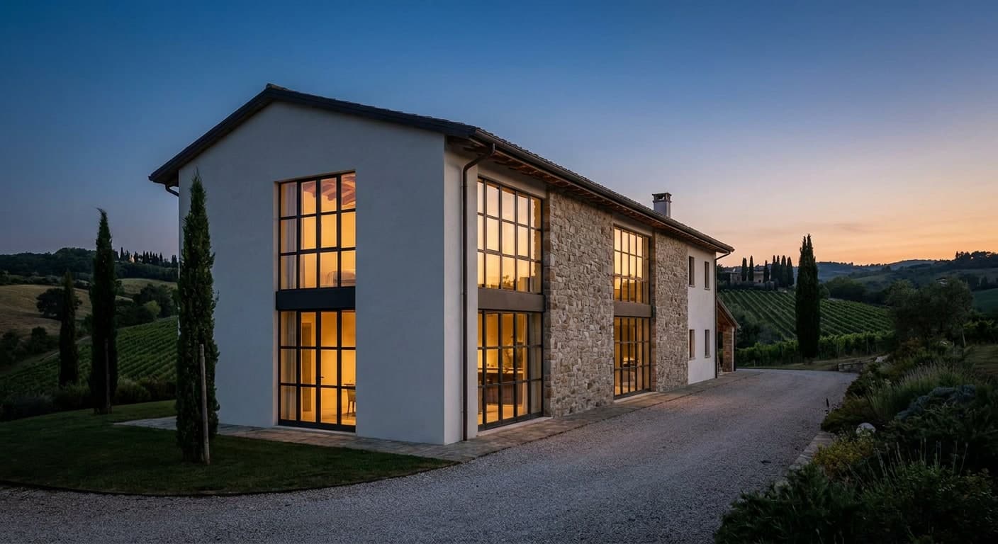 Villa contemporanea, facciata con grandi aperture