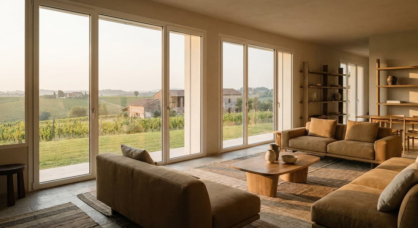 Soggiorno di una villa a schiera, luce del mattino