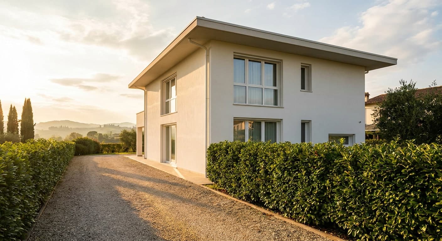 Facciata di casa singola con finestre bianche