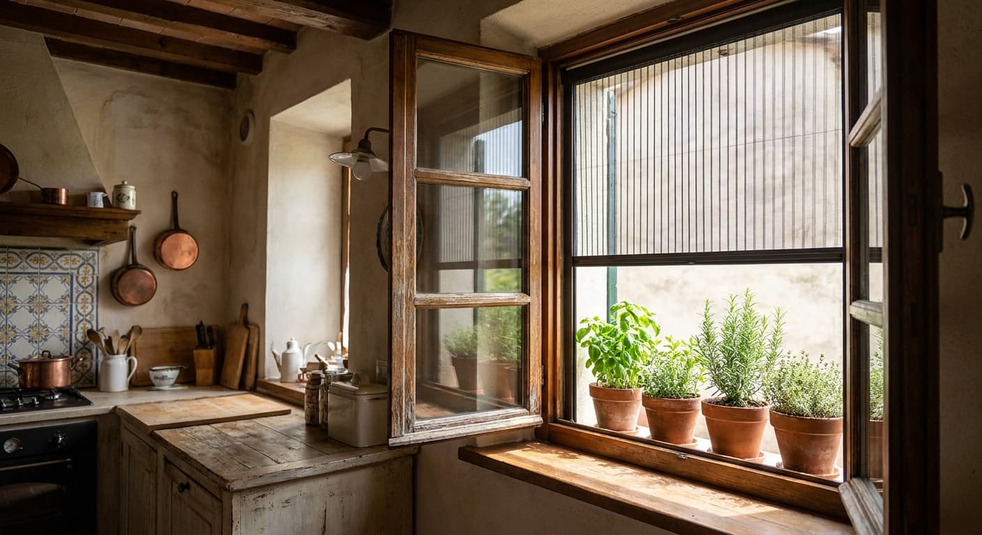 Finestra di cucina con zanzariera verticale